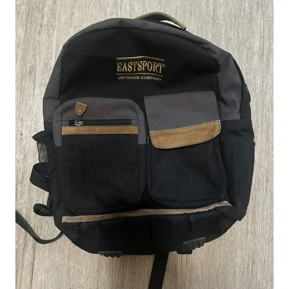 Eastport Outdoor Company Backpack Black Grey Canvas Tan Suede Vintage